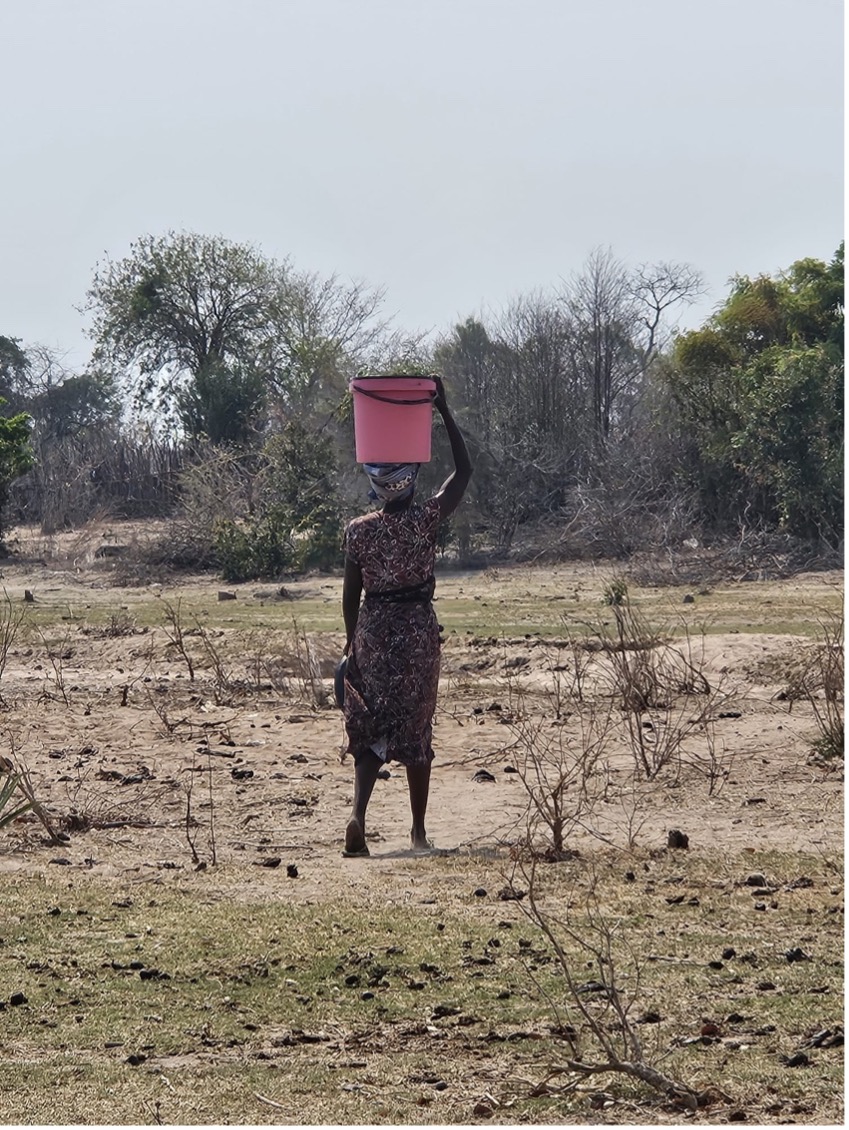 A woman walking away, carrying a full bucket of water on her head.